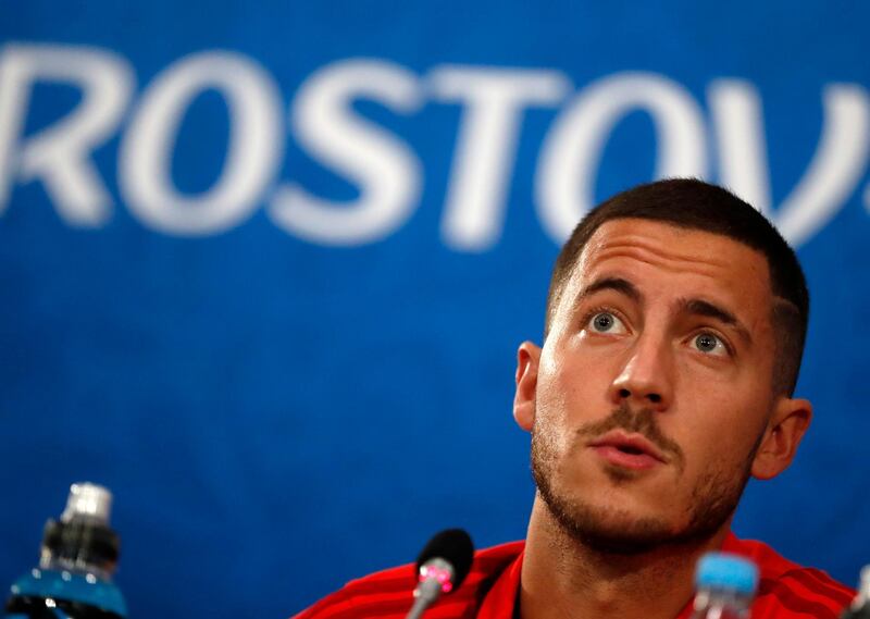 epa06855045 Belgian player Eden Hazard attends a press conference in Rostov-on-Don, Russia, 01 July 2018. Belgium will face Japan in the FIFA World Cup 2018, round of 16 soccer match on 02 July 2018.  EPA/FRANCIS R. MALASIG   EDITORIAL USE ONLY