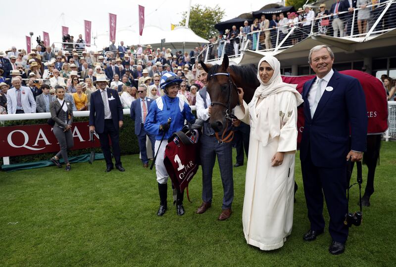 Jockey Jim Crowley following his winning ride on Baaeed in the Sussex Stakes with Sheikha Hissa and trainer William Haggas at Goodwood Racecourse on July 27, 2022. PA
