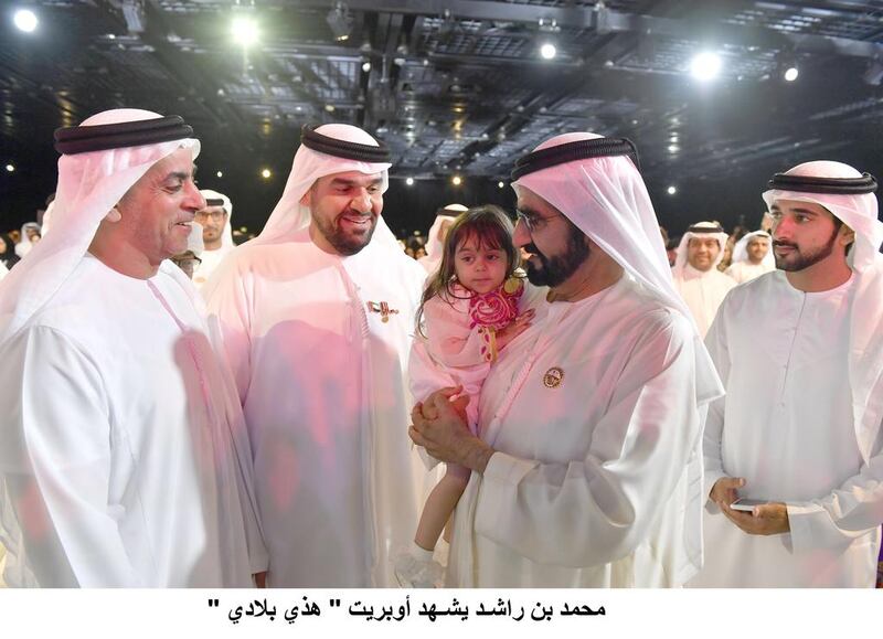 Sheikh Mohammed bin Rashid, Vice President and Ruler of Dubai, Sheikh Saif bin Zayed, Deputy Prime Minister and Minister of Interior, and Sheikh Hamdan bin Mohammed, Crown Prince of Dubai, attend the Hathi Biladi Operetta in Dubai on Wednesday. Wam