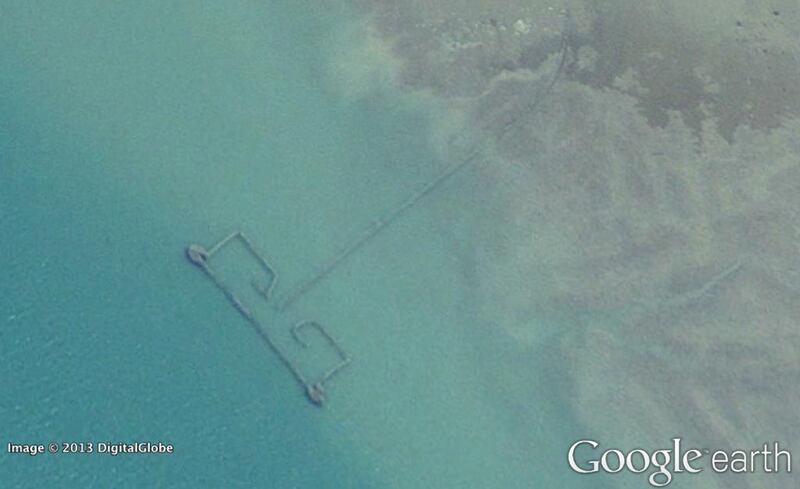 Photo of fishing weirs seen in the Arabian Gulf seen on Google Earth. Photo courtesy of Google Earth 