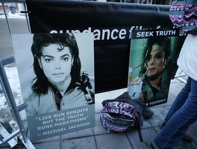 Signs in support of Michael Jackson are seen outside of the premiere of the "Leaving Neverland" Michael Jackson documentary film at the Egyptian Theatre on Main Street during the 2019 Sundance Film Festival, Friday, Jan. 25, 2019, in Park City, Utah. (Photo by Danny Moloshok/Invision/AP)