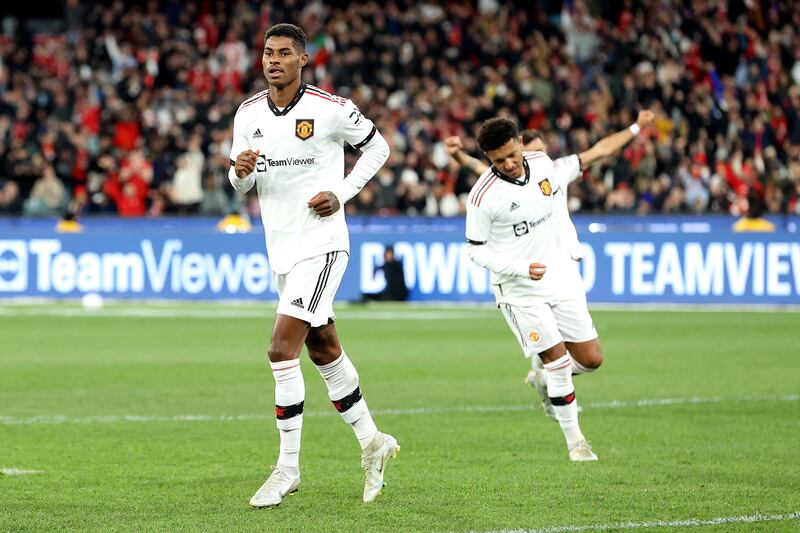 United's Marcus Rashford celebrates after scoring. AFP