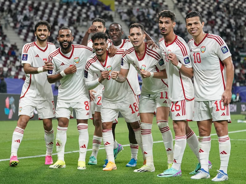 Fabio De Lima, right, celebrates with UAE teammates during their win over Hong Kong in the Asian Cup in Qatar on Sunday, January 14, 2024. Photo: UAEFA