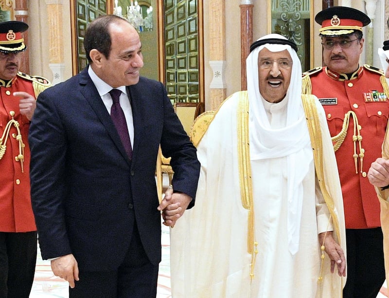 CORRECTION / A photo provided by the Kuwaiti news agency KUNA on September 1, 2019 shows Kuwait's Emir Sheikh Sabah al-Ahmad al-Jaber al-Sabah (R) receiving Egyptian President Abdel Fattah al-Sisi in Kuwait City.  - === RESTRICTED TO EDITORIAL USE - MANDATORY CREDIT "AFP PHOTO / HO / KUNA" - NO MARKETING NO ADVERTISING CAMPAIGNS - DISTRIBUTED AS A SERVICE TO CLIENTS ===
 / AFP / KUNA / - / === RESTRICTED TO EDITORIAL USE - MANDATORY CREDIT "AFP PHOTO / HO / KUNA" - NO MARKETING NO ADVERTISING CAMPAIGNS - DISTRIBUTED AS A SERVICE TO CLIENTS ===
