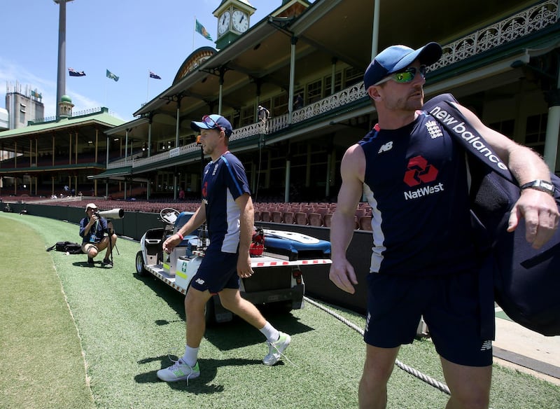 England's Joe Root, center, walks onto the Sydney Cricket Ground during training for their Ashes cricket test match against Australia in Sydney, Tuesday, Jan. 2, 2018. The test begins on Thursday. (AP Photo/Rick Rycroft)