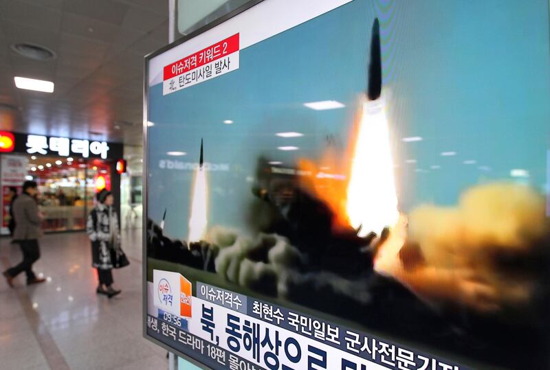 FILE - In this March 10, 2016, file photo, a TV screen shows a file footage of the missile launch conducted by North Korea, at Seoul Railway Station in Seoul, South Korea. Three North Korea short range ballistic missiles failed on Saturday, Aug. 26, 2017, a temporary blow to Pyongyang's rapid nuclear and missile expansion, U.S. military officials said. The U.S. Pacific Command said in a statement that two of the North's missiles failed in flight after an unspecified distance, and another appeared to have blown up immediately. It added that the missile posed no threat to the U.S. territory of Guam, which the North had previously warned it would fire missiles toward. (AP Photo/Ahn Young-joon, File)