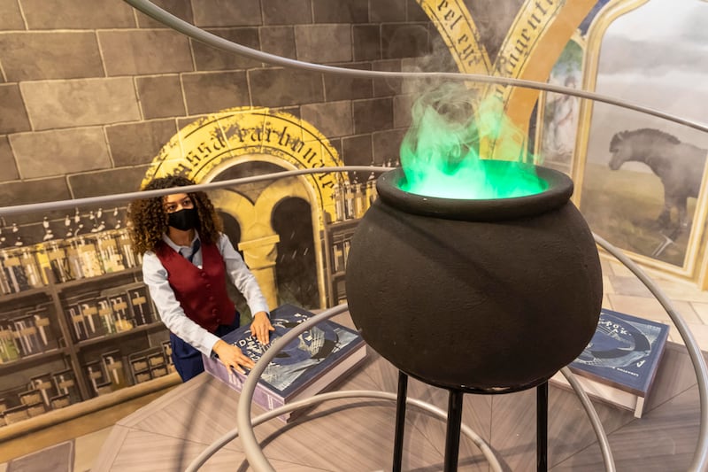 The smoking green cauldron in the potions room.