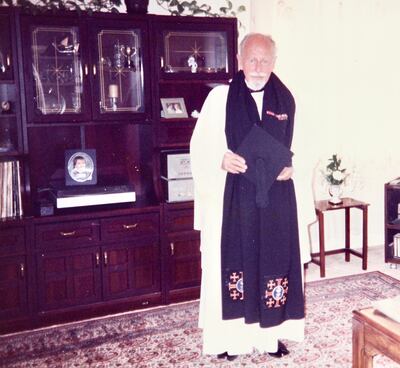 The Rev Alun Morris, vicar of St Christopher's in Bahrain who conducted the first Christian service in Abu Dhabi in December 1957 The photo was taken in 1987, near the end of his time in the Arabian Gulf. Photo: Alun Morris