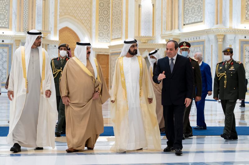From left: Sheikh Mohamed bin Zayed, King Hamad of Bahrain and Sheikh Mohammed bin Rashid, Vice President and Ruler of Dubai attend a reception held for Mr El Sisi, right, at Al Watan Palace. Photo: Hamad Al Kaabi / Ministry of Presidential Affairs