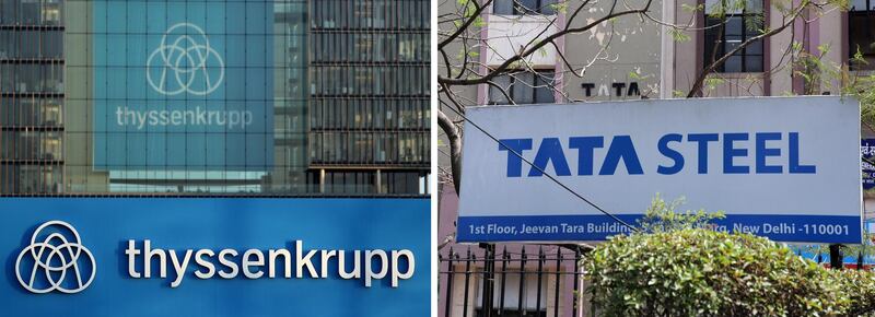 epa07560172 (FILE) - A composite file photo showing the corporate headquarters of ThyssenKrupp in Essen, Germany, 21 November 2018 (L), and  TATA Steel company board in New Delhi, India, 31 March 2016 (reissued 10 May 2019). Thyssenkrupp on 10 May 2019 said it expects EU to 'block' its merger plan with Indian steel company Tata. If the plan would be accepted by the European Commission, it would create the 2nd biggest steel enterprise in Europe with an estimated 48,000 employees.  EPA/FRIEDEMANN VOGEL / RAJAT GUPTA