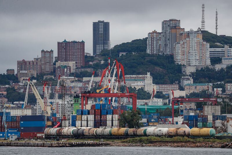Cargo containers at the Pacific port in Vladivostok, Russia. EPA