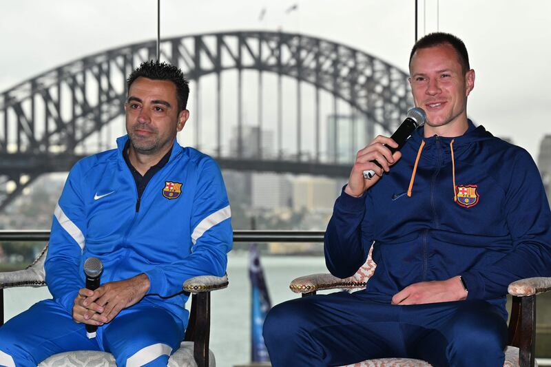 Marc-Andre ter Stegen speaks at a press conference in Sydney alongside Xavi Hernandez. AFP