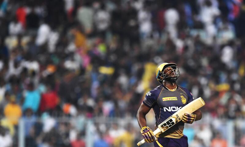 Kolkata Knight Riders cricketer Andre Russell gestures on his way back after losing his wicket during the Indian Premier League (IPL) Twenty20 cricket match between Kolkata Knight Riders and Kings XI Punjab at the Eden Gardens Stadium in Kolkata on March 27, 2019. (Photo by Dibyangshu SARKAR / AFP) / ----IMAGE RESTRICTED TO EDITORIAL USE - STRICTLY NO COMMERCIAL USE----- / GETTYOUT