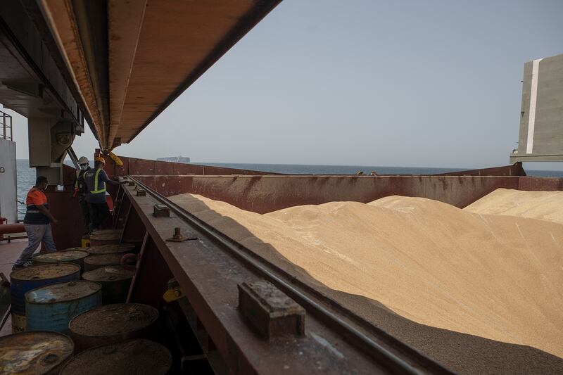 Wheat grain loaded on to a cargo vessel in Ukraine, from where Yemen will receive its first shipment in months. Reuters