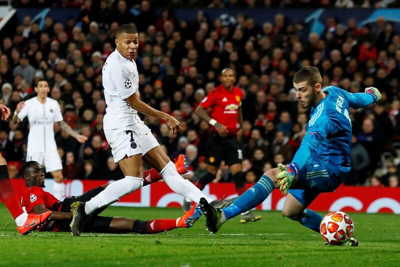 Soccer Football - Champions League Round of 16 First Leg - Manchester United v Paris St Germain - Old Trafford, Manchester, Britain - February 12, 2019  Paris St Germain's Kylian Mbappe scores their second goal   Action Images via Reuters/Jason Cairnduff     TPX IMAGES OF THE DAY