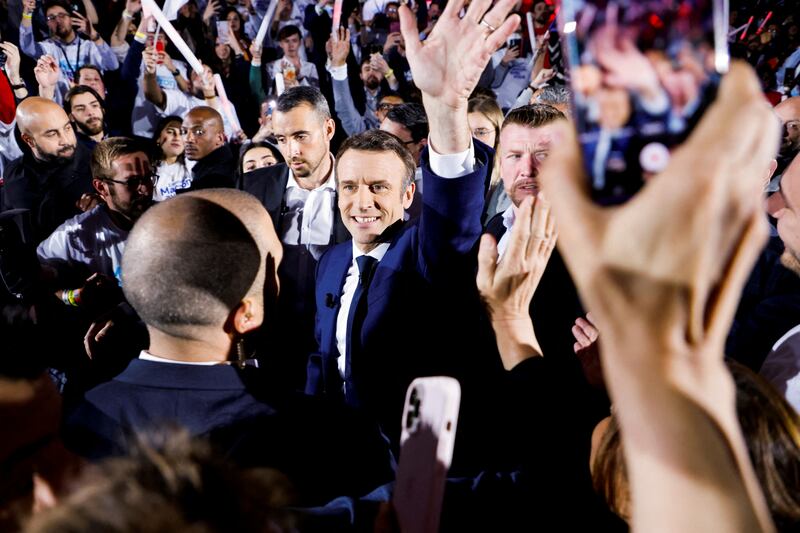 French President Emmanuel Macron, who is running for re-election in the 2022 French election, at a campaign rally in Nanterre, Paris. Reuters