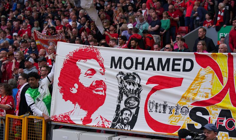 Mohamed Salah banners in the stands before kick-off. PA 