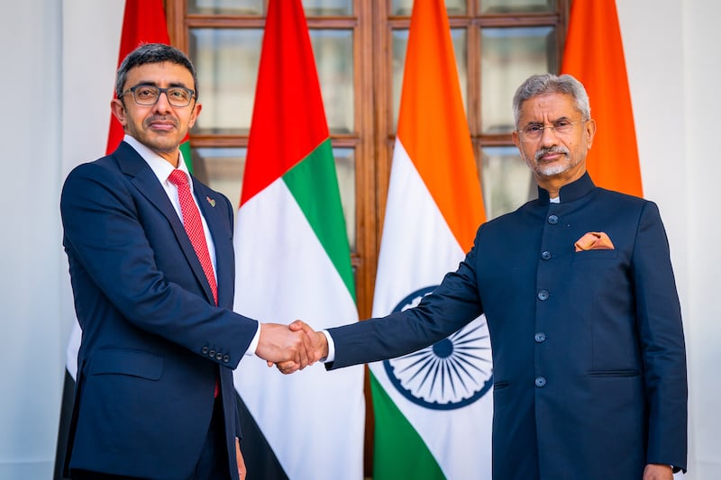 Sheikh Abdullah bin Zayed, the UAE's Minister of Foreign Affairs and International Co-operation, with Subrahmanyam Jaishankar, India's Minister of External Affairs. Wam