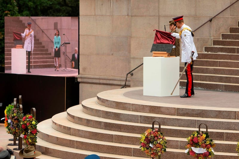 Prince Harry unveils the memorial plaque at the opening of the refurbished ANZAC Memorial AFP