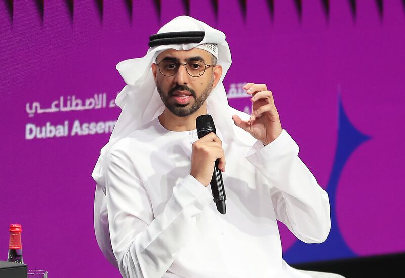 Omar Al Olama, UAE Minister of State for Artificial Intelligence, Digital Economy and Remote Work Applications, speaking during the Dubai Assembly for Generative AI at the Museum of the Future on Wednesday. Pawan Singh / The National