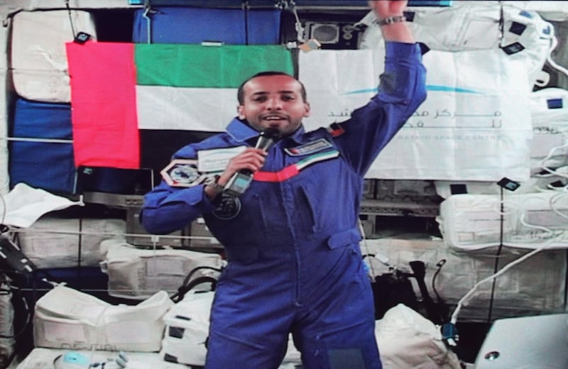 Dubai, United Arab Emirates - September 27, 2019: Live call with Hazza Al Mansouri. The Emirati astronaut will be answering some questions from space. Friday the 27th of September 2019. Mohammed Bin Rashid Space Centre, Dubai. Chris Whiteoak / The National