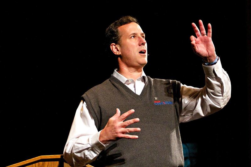 On the eve of the Florida GOP primary, presidential candidate Rick Santorum campaigns Monday, Jan. 30, 2012, in Luverne, Minn. Santorum told about 300 Minnesota voters who had gathered to hear him speak that their votes weren't paid as much attention as Iowa's, but that they were "just as important." (AP Photo/Amber Hunt) *** Local Caption ***  Santorum 2012.JPEG-09e95.jpg