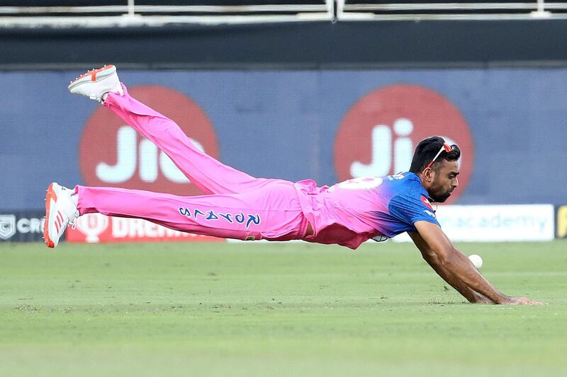 Jaydev Unadkat of Rajasthan Royals during match 33 of season 13 of the Dream 11 Indian Premier League (IPL) between the Rajasthan Royals and the Royal Challengers Bangalore held at the Dubai International Cricket Stadium, Dubai in the United Arab Emirates on the 17th October 2020.  Photo by: Ron Gaunt  / Sportzpics for BCCI