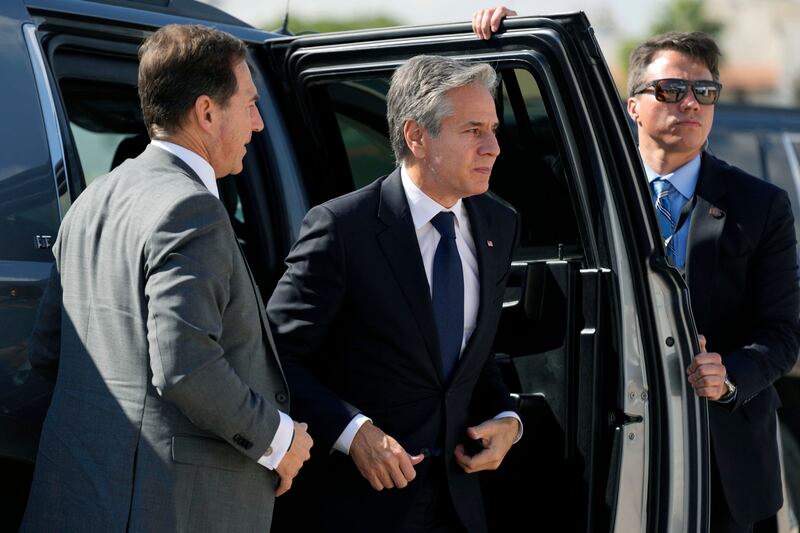 US Secretary of State Antony Blinken arrives at the airport en route to neighbouring Israel for crisis talks after a tour of Arab nations, in Amman. AFP