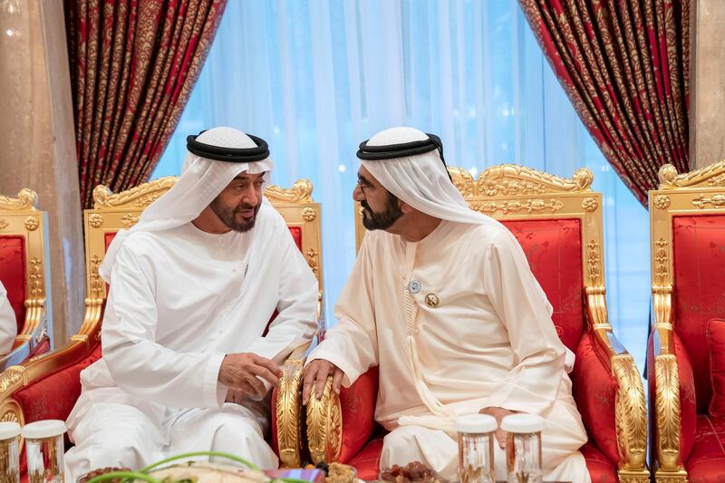 DUBAI, UNITED ARAB EMIRATES -June 09, 2018: HH Sheikh Mohamed bin Zayed Al Nahyan, Crown Prince of Abu Dhabi and Deputy Supreme Commander of the UAE Armed Forces (L), speaks with HH Sheikh Mohamed bin Rashid Al Maktoum, Vice-President, Prime Minister of the UAE, Ruler of Dubai and Minister of Defence (R), during an Iftar reception at Zabeel Palace.

( Mohamed Al Hammadi / Crown Prince Court - Abu Dhabi )
---