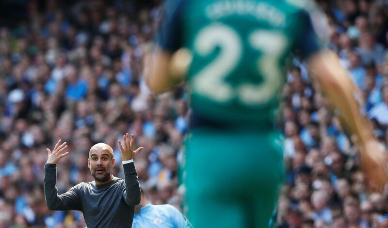 Soccer Football - Premier League - Manchester City v Tottenham Hotspur - Etihad Stadium, Manchester, Britain - April 20, 2019  Manchester City manager Pep Guardiola reacts during the match               Action Images via Reuters/Jason Cairnduff  EDITORIAL USE ONLY. No use with unauthorized audio, video, data, fixture lists, club/league logos or "live" services. Online in-match use limited to 75 images, no video emulation. No use in betting, games or single club/league/player publications.  Please contact your account representative for further details.