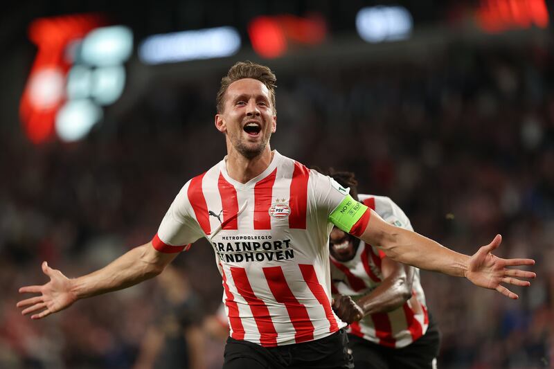 Luuk de Jong celebrates after scoring PSV's second goal. Getty