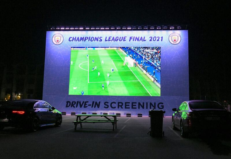 Drive-in Match Screening-AD Drive-in match for Manchester City Football Club against Chelsea Football Club screening at Zayed Sports complex in Abu Dhabi on May 29, 2021. Khushnum Bhandari / The National 
Reporter: N/A Sports