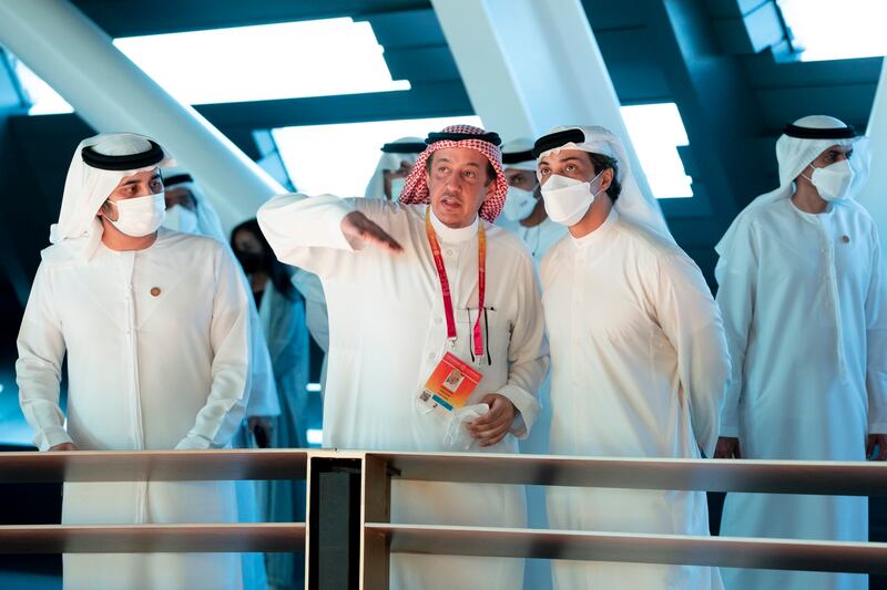 Sheikh Mansour bin Zayed, UAE Deputy Prime Minister and Minister of Presidential Affairs (2nd R), pictured with Turki bin Abdullah, Ambassador of Saudi Arabia to the UAE (3rd R) and Sheikh Maktoum bin Mohamed, Deputy Prime Minister and UAE Minister of Finance (L) during their visit to the Saudi Arabian pavilion at Expo 2020 Dubai.