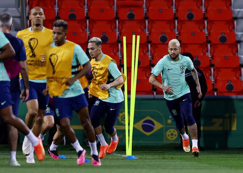 Brazil's Neymar and Antony during training. Reuters