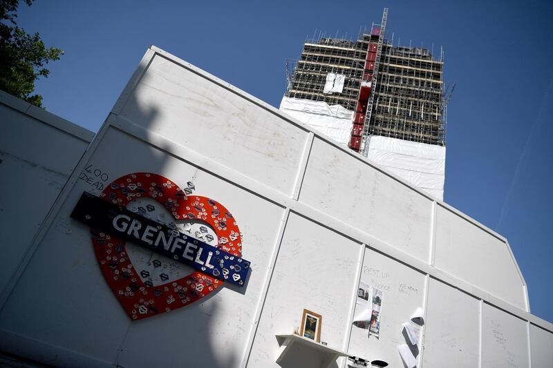 epa06752063 The remains of the Grenfell tower in London, Britain, 20 May 2018. At least 71 people died in a fire that broke out at Grenfell Tower on 14 June 2017. A public inquiry into the disaster chaired by Sir Martin Moore-Bick will begin on 21 May 2018.  EPA/NEIL HALL