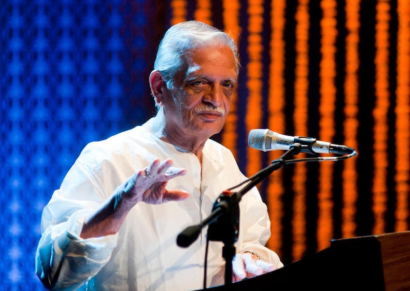 A hanodut photo of Gulzar during the NCPA Bandish Festival of Legendary Indian Composers at Tata Theatre,NCPA on 19th July 2014 Photos By : NARENDRA DANGIYA (Courtesy: Abu Dhabi Tourism & Culture Authority aka TCA Abu Dhabi) *** Local Caption ***  al12oc-stage-gulzar.jpg