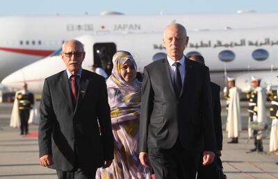 Tunisia's President Kais Saied, right, with the head of the Polisario Front movement, Brahim Ghali, in Tunis on August 26. EPA