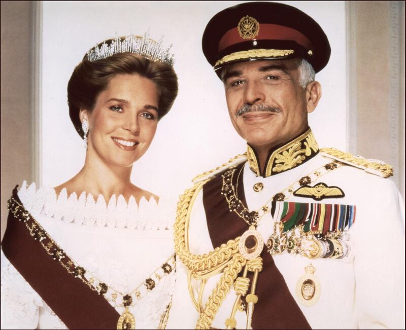 Undated picture shows Hussein Ibn Talal, King of Jordan, and his bride, the former American Lisa Halaby in Amman. King Hussein of Jordan is near death, a senior Jordanian official said 05 February. "The king is in agony. He is being kept alive by artificial means. There is no more hope", the official said. King Hussein earlier 05 February returned home to Jordan after failed cancer treatment in the United States. (Photo by AFP)