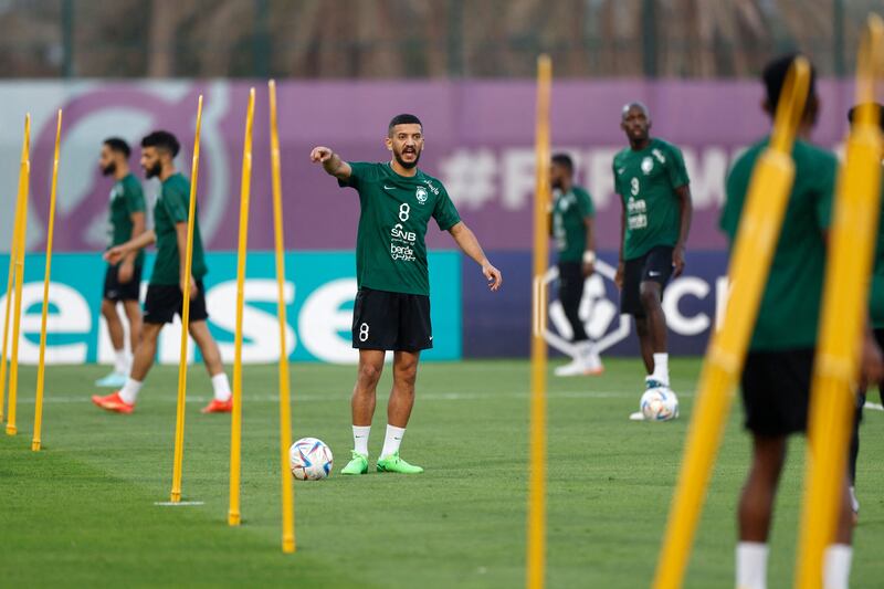 Saudi Arabia players take part in a training session at the Sealine Beach Resort in Doha. AFP