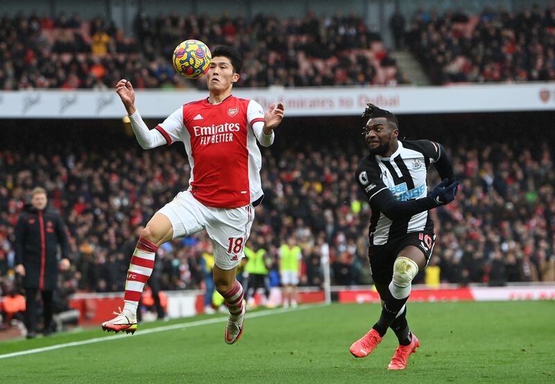 Takehiro Tomiyasu - 7: Missed target with left- and right-footed shots in opening half. Lovely pass to supply Martinelli for Gunners’ second. EPA