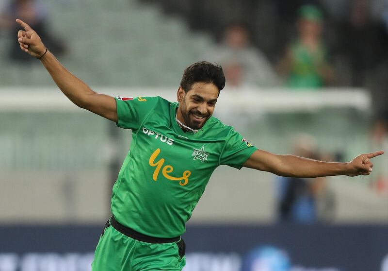 MELBOURNE, AUSTRALIA - JANUARY 08: Haris Rauf of the Stars celebrates his hat-trick with the wicket of Daniel Sams of the Sydney Thunder during the Big Bash League match between the Melbourne Stars and the Sydney Thunder at the Melbourne Cricket Ground on January 08, 2020 in Melbourne, Australia. (Photo by Robert Cianflone/Getty Images)