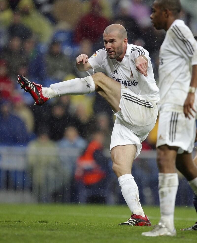 MADRID, SPAIN - JANUARY 15:  Zinedine Zidane of Real Madrid scores his third goal during a Primera Liga match between Real Madrid and Sevilla at the Santiago Bernabeu stadium on January 15, 2006 in Madrid, Spain.  (Photo by Denis Doyle/Getty Images) 