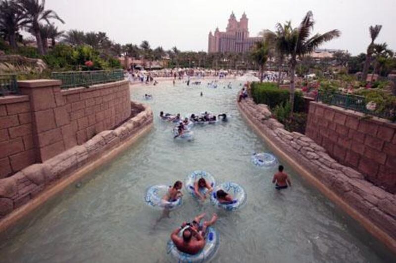 DUBAI, UNITED ARAB EMIRATES - JULY 19:  A general view of the Aquaventure water park at the Atlantis hotel on the Palm Jumeirah in Dubai on July 19, 2009.  (Randi Sokoloff / The National) 