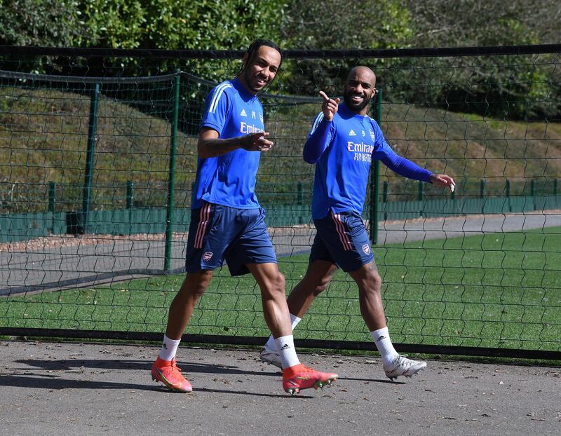 ST ALBANS, ENGLAND - MARCH 30: (L-R) Pierre-Emerick Aubameyang and Alex Lacazette of Arsenal during a training session at London Colney on March 30, 2021 in St Albans, England. (Photo by Stuart MacFarlane/Arsenal FC via Getty Images)