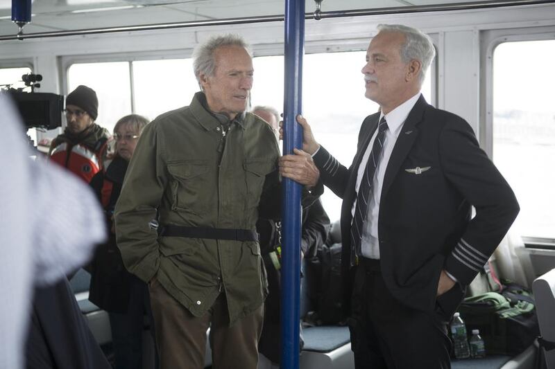 Director Clint Eastwood, left, with Tom Hanks on the set of Sully. Keith Bernstein / courtesy Warner Bros Pictures