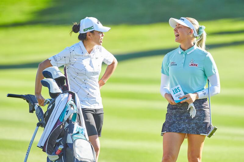 Isabelle Boineau, left, and Charley Hull during the first round of the Aramco Team Series - Sotogrande.