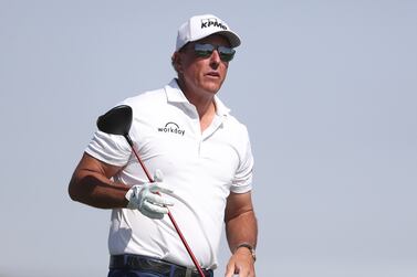 AL MUROOJ, SAUDI ARABIA - FEBRUARY 05: Phil Mickelson of The USA tees off the 14th hole during day three of the PIF Saudi International at Royal Greens Golf & Country Club on February 05, 2022 in Al Murooj, Saudi Arabia. (Photo by Oisin Keniry / Getty Images)