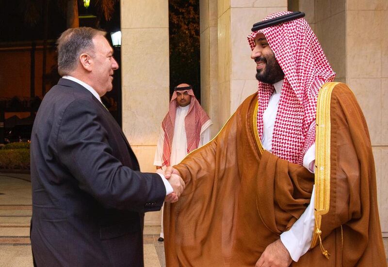 US Secretary of State Mike Pompeo shakes hands with Saudi Arabia's Crown Prince Mohammed bin Salman in Jeddah, Saudi Arabia.  AFP