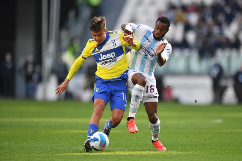 Paulo Dybala holds off a challenge from Lassana Coulibaly during the Serie A match between Juventus and Salernitana. Getty Images