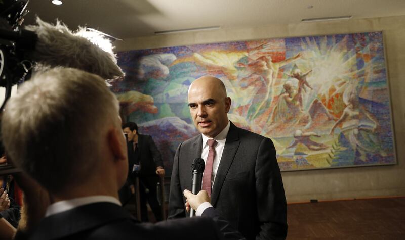 Swiss president Alain Berset speaks to the media on a hallway inside the UN on the sidelines of the General Debate of the General Assembly of the United Nations at United Nations Headquarters.  EPA